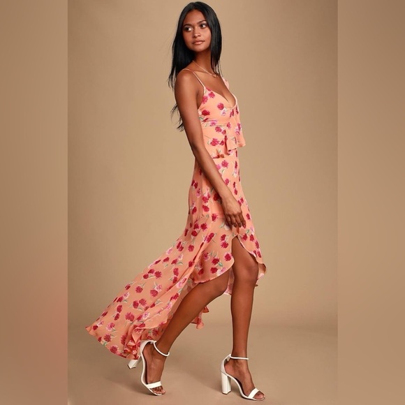 Lulu’s Bloom Forever Coral Orange Floral Print Ruffled High-Low Dress - Picture 3 of 14